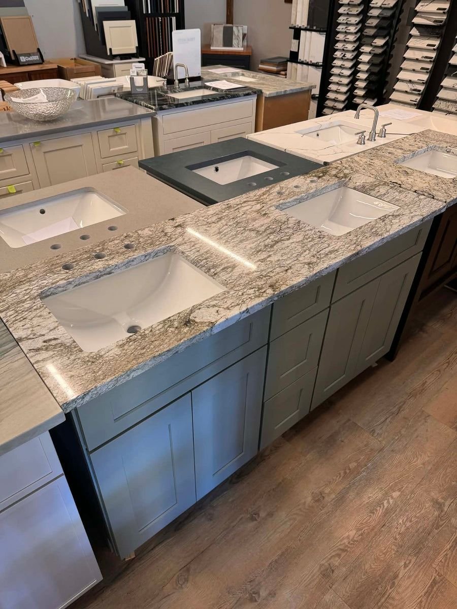 Bathroom idea with the Cab-Tec 60" Shaker Double Vanity, Moss Finish with Quartz Top, Solid, Cab-Tec