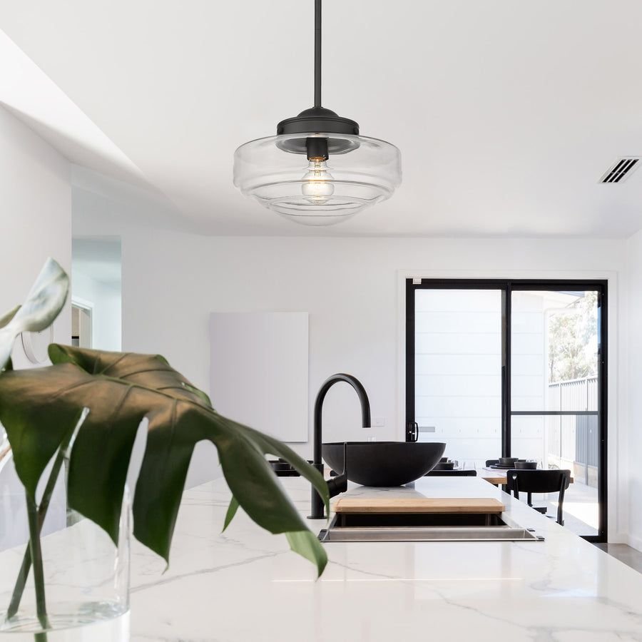 Living room idea with the Ingalls Medium Pendant in Matte Black with Clear Glass Shade, Golden Lighting