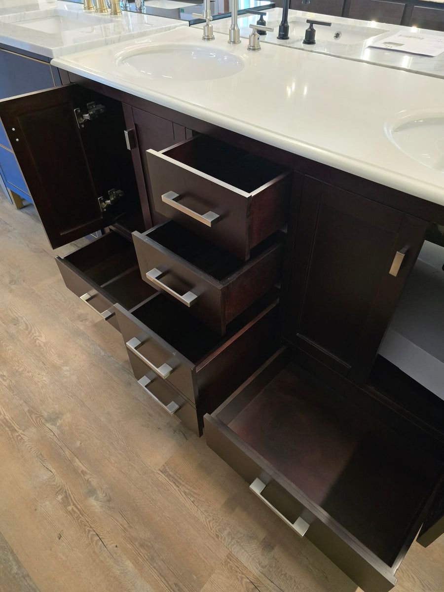 Kitchen idea with the 60" Double Sink, Free Standing Vanity Cabinet Set with Quartz Top, Showroom