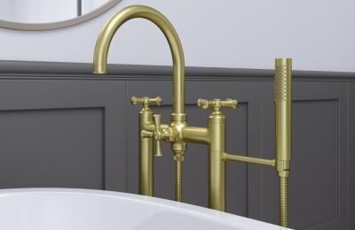 Bathroom idea with the Tisbury Traditional Free-standing Tub Filler with Hand Shower in Brush, Pfister