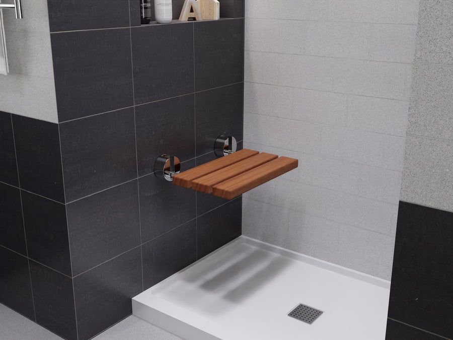 Bathroom idea with the Leisure 20 in. Teak Wall Mounted Folding Shower Seat D-7-BN, SteamSpa