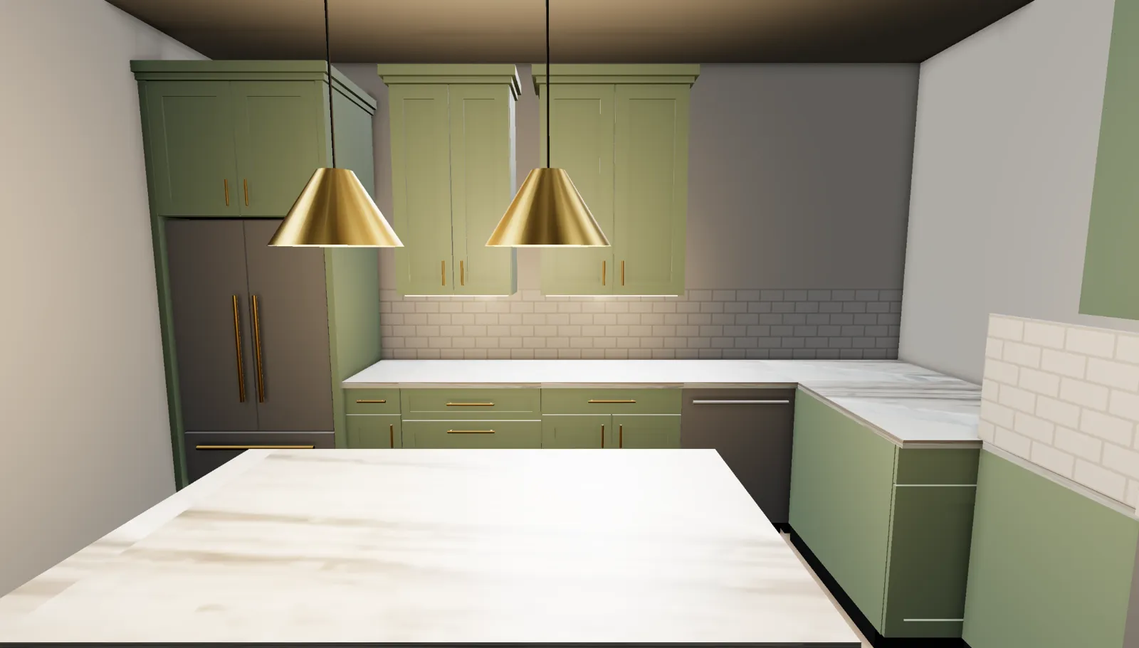 A sage green Shaker kitchen with brass pendants, rendered in the kitchen designer's evening lighting