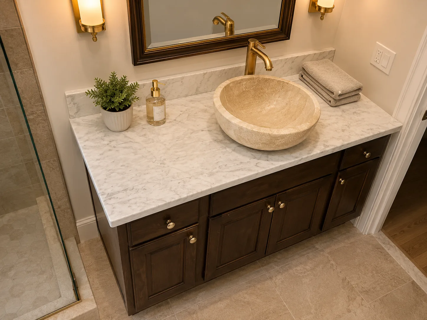 A powder room with a stone vessel sink on a marble top, a dark vanity, a brass faucet and wall sconces