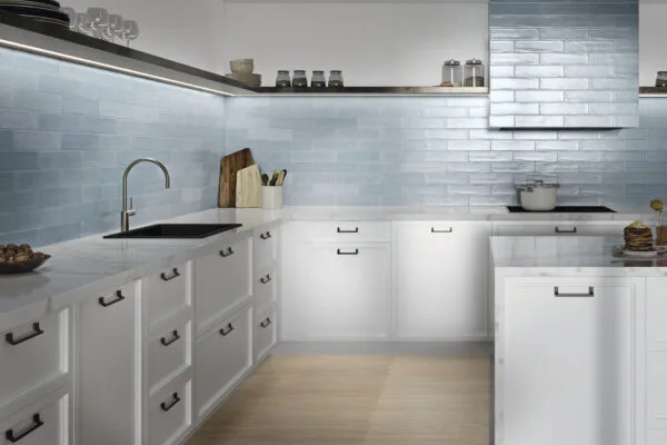 Full-height tile behind the range