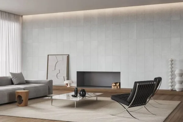 Stone-look tile surround in a living space